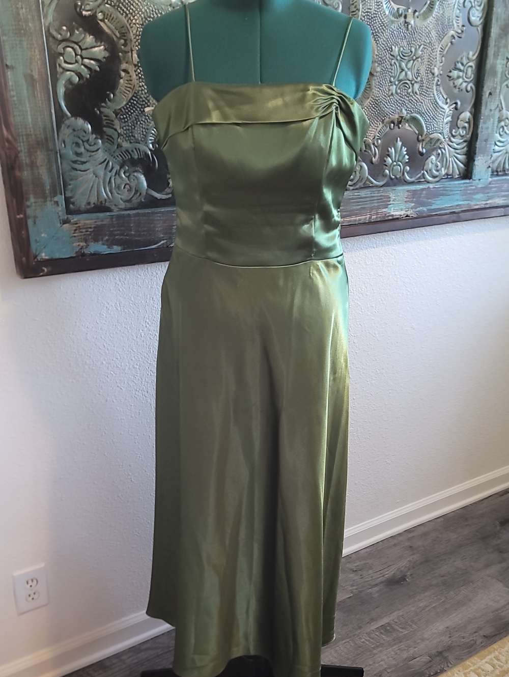 Olive Green Satin Spaghetti Strap Dress